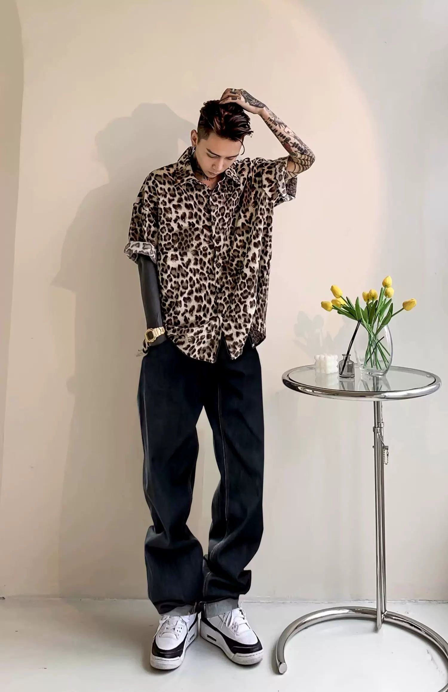 Neon Prowl Relaxed Leopard Satin Shirt
