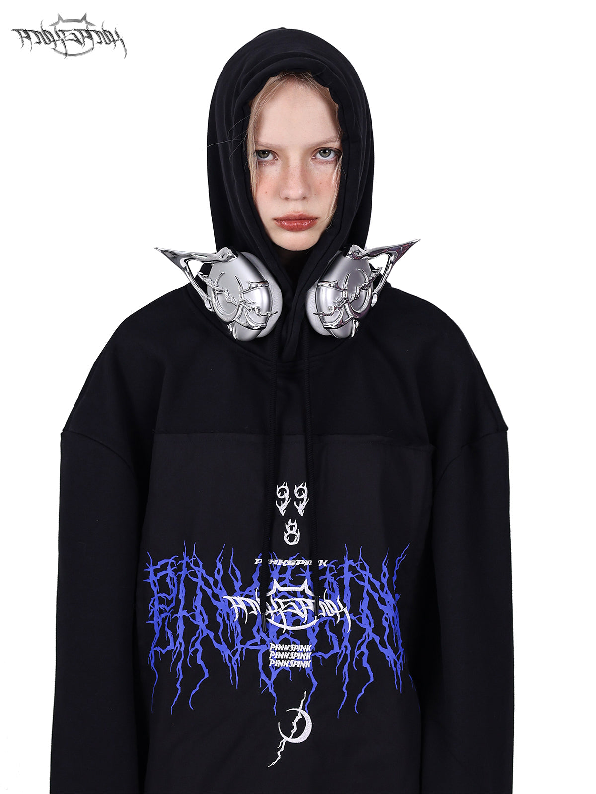 PINKSPINK Gothic Electric Hoodie - Black with Blue Accents