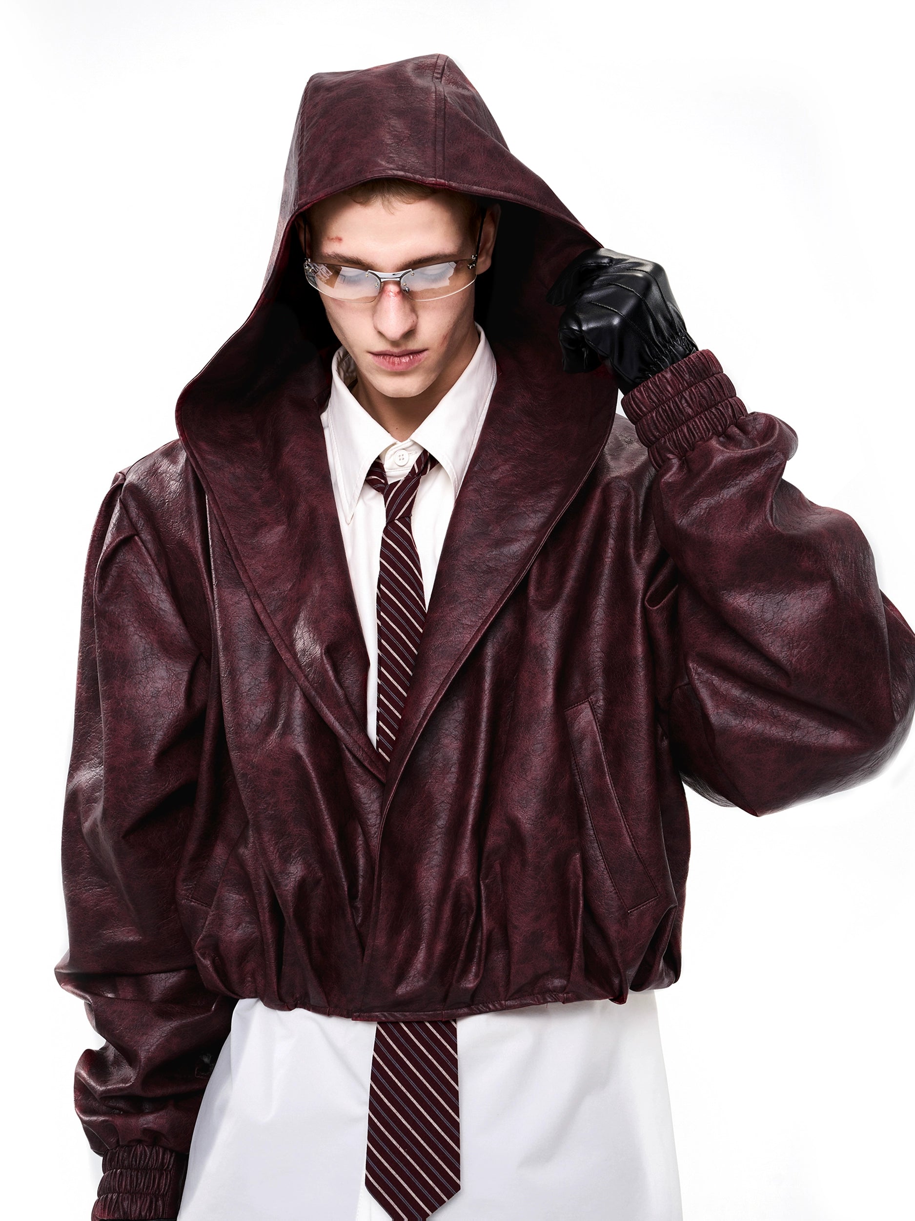 Oversized Hooded Cropped Leather Jacket