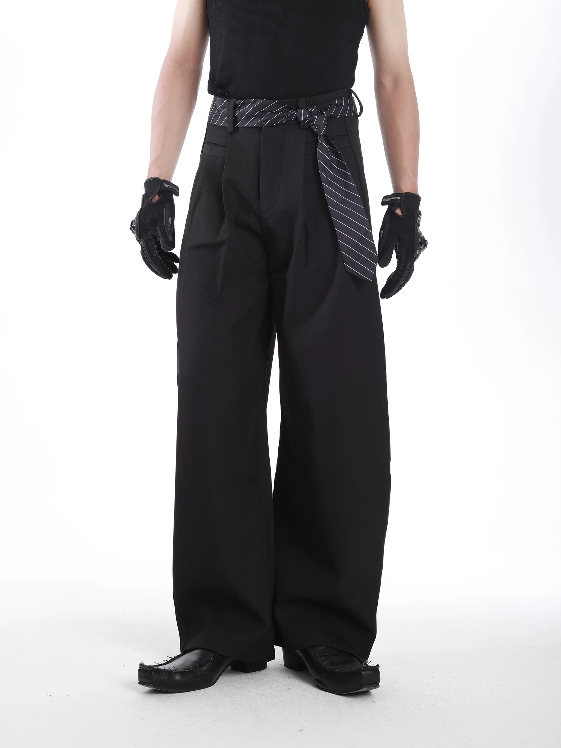 Pinstripe Belt Wide-Leg Trousers