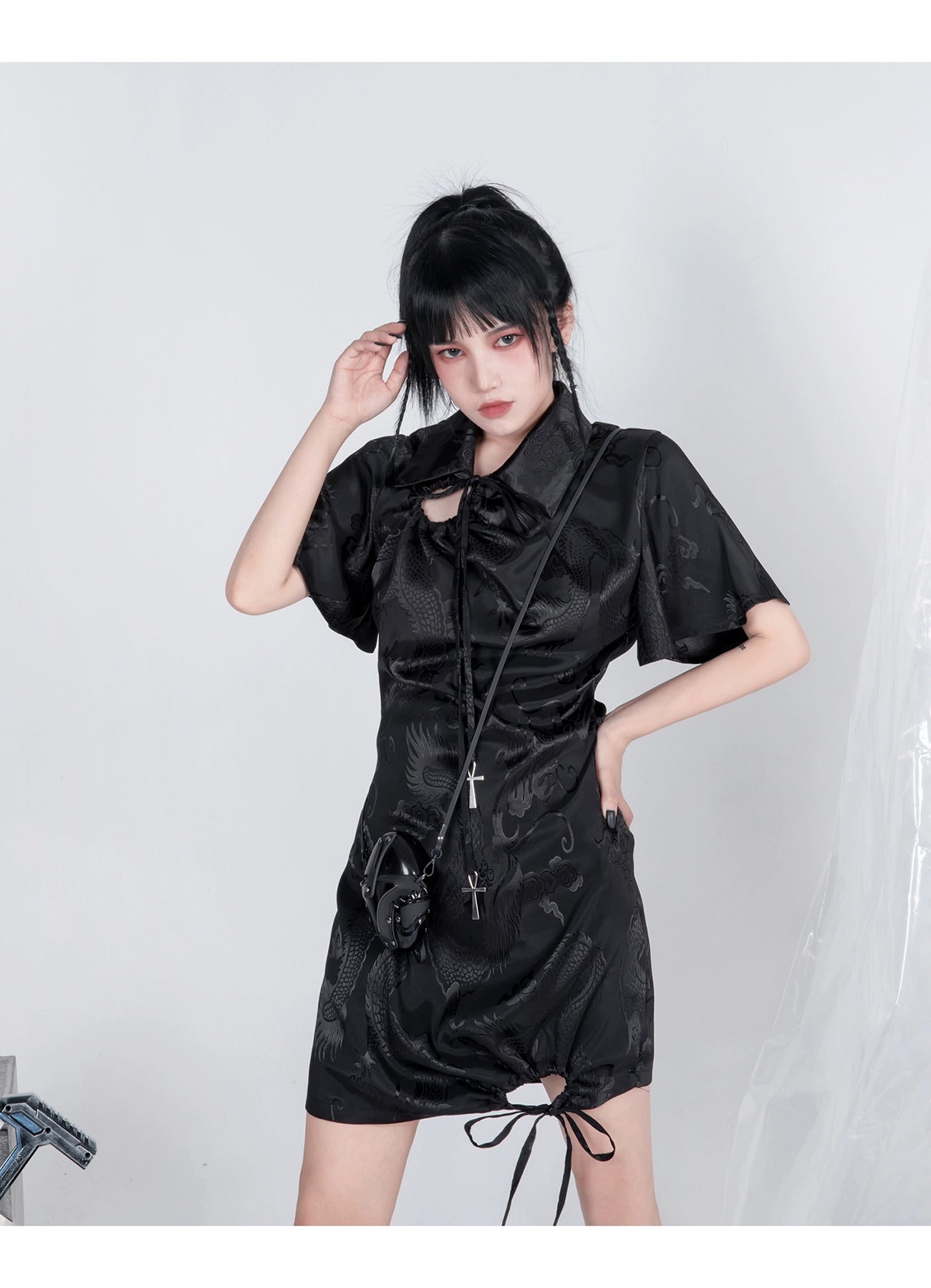 Yubaby Gothic Cheongsam Mini Dress - Black Satin With Dragon Print, Cross Charms, And Asymmetric Hem