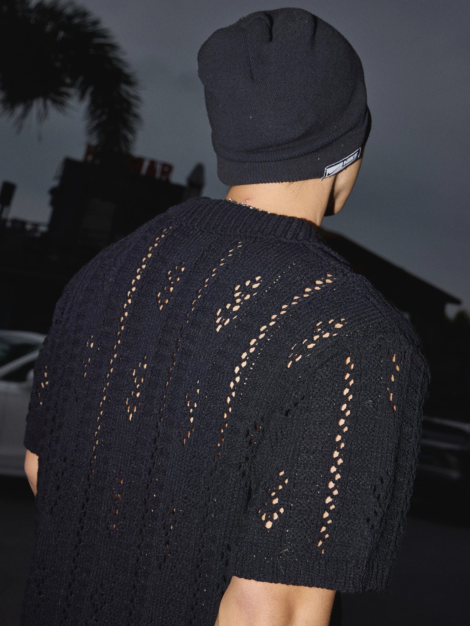 Midnight Pier Open‑Knit Cardigan Shirt