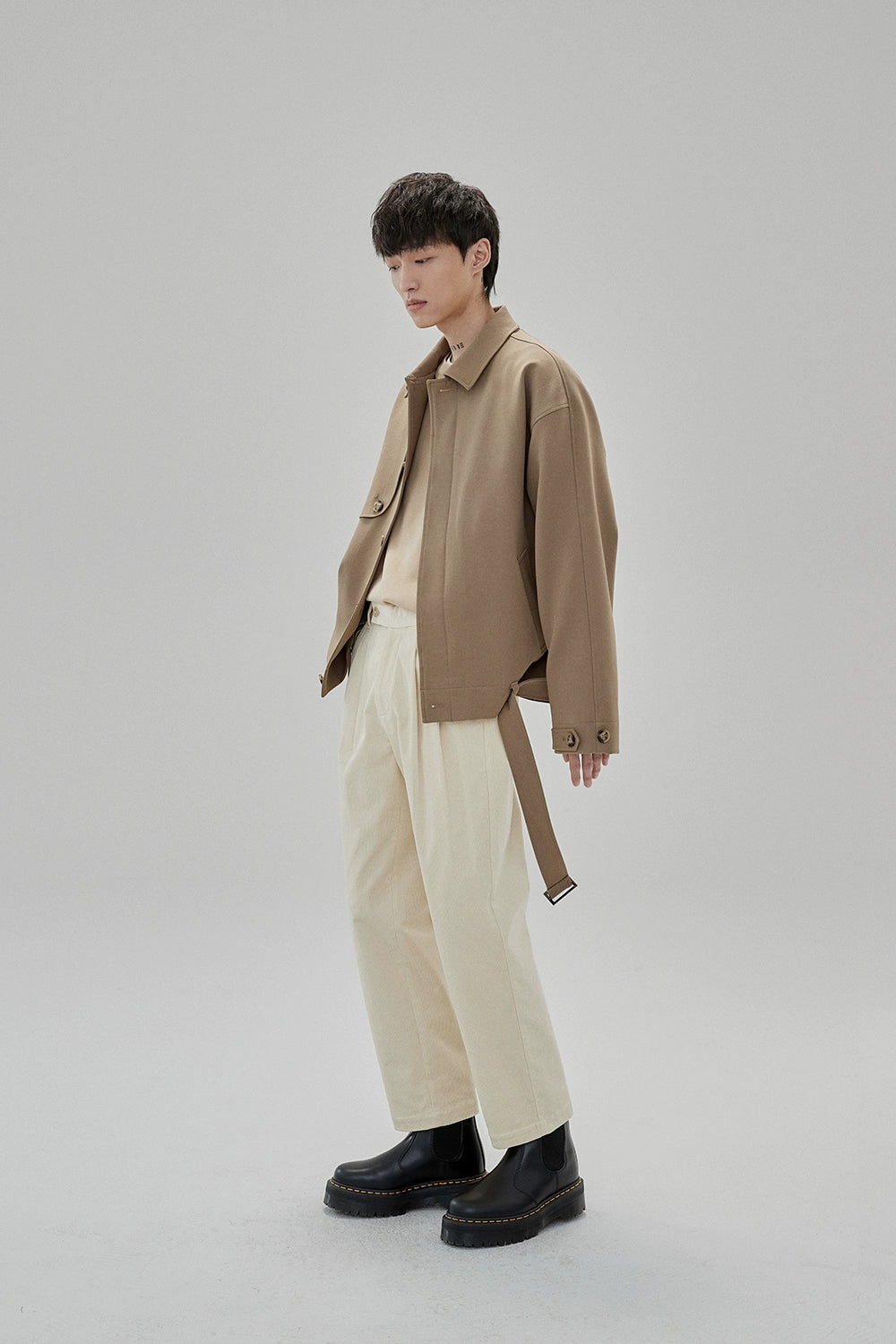 Wide Waist Tab Double-Pleated Relaxed Cropped Pants