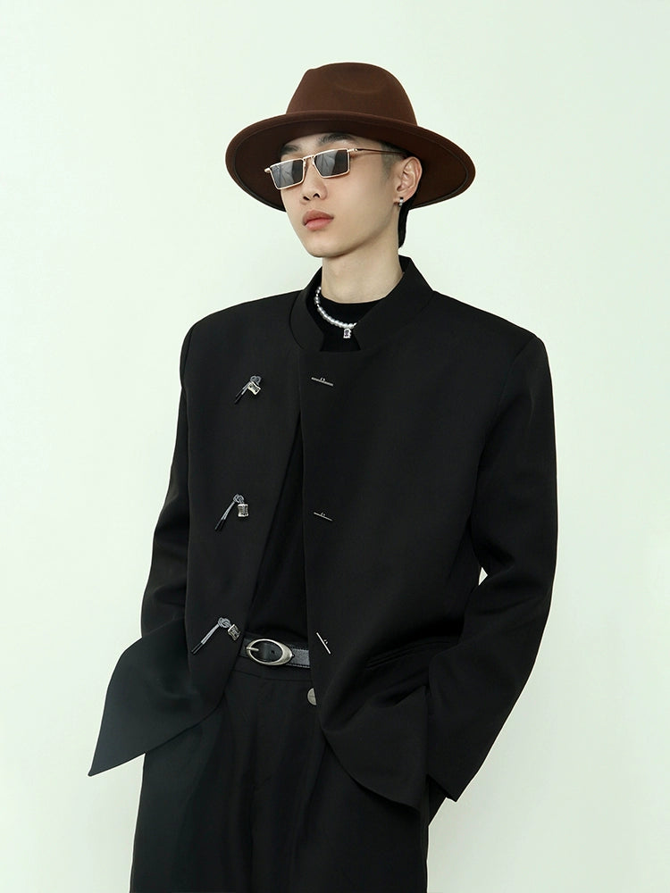 Mandarin Collar Toggle Black Blazer