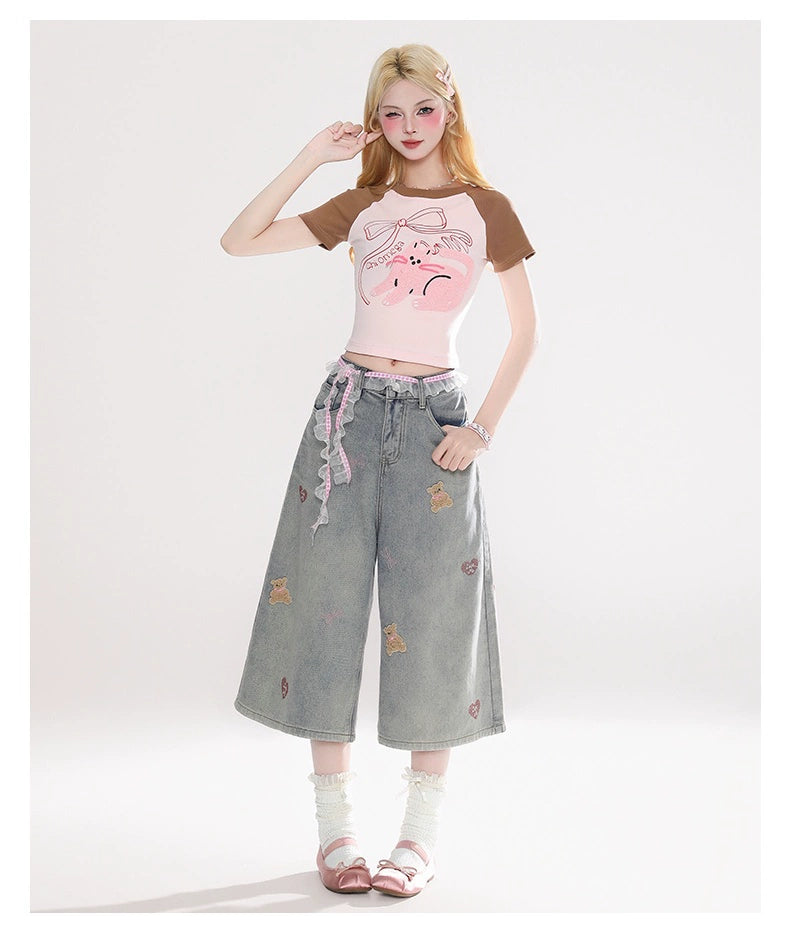Teddy Bear and Heart Print Culottes