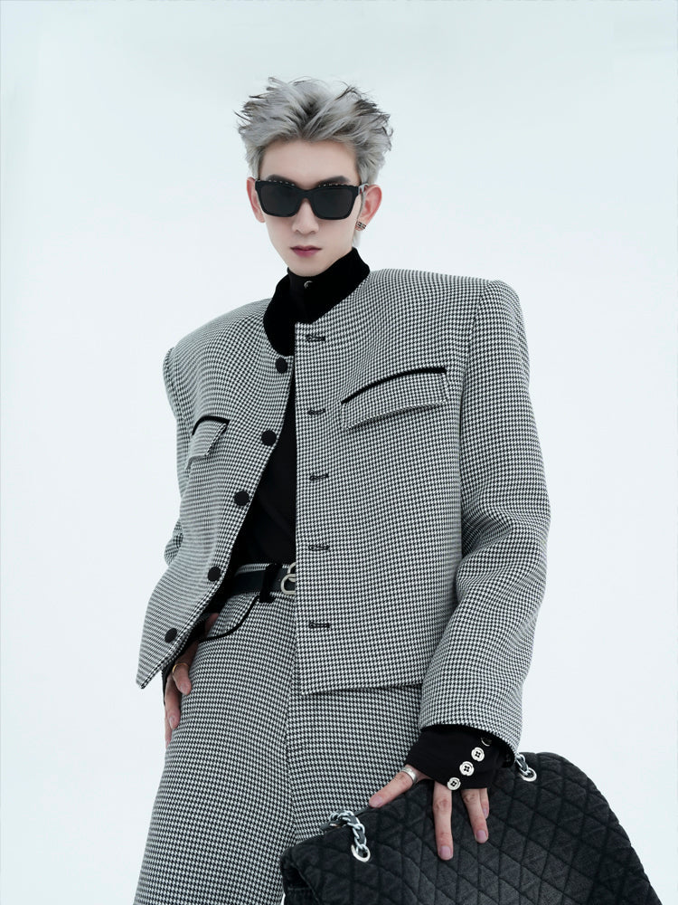 Houndstooth High-Neck Blazer