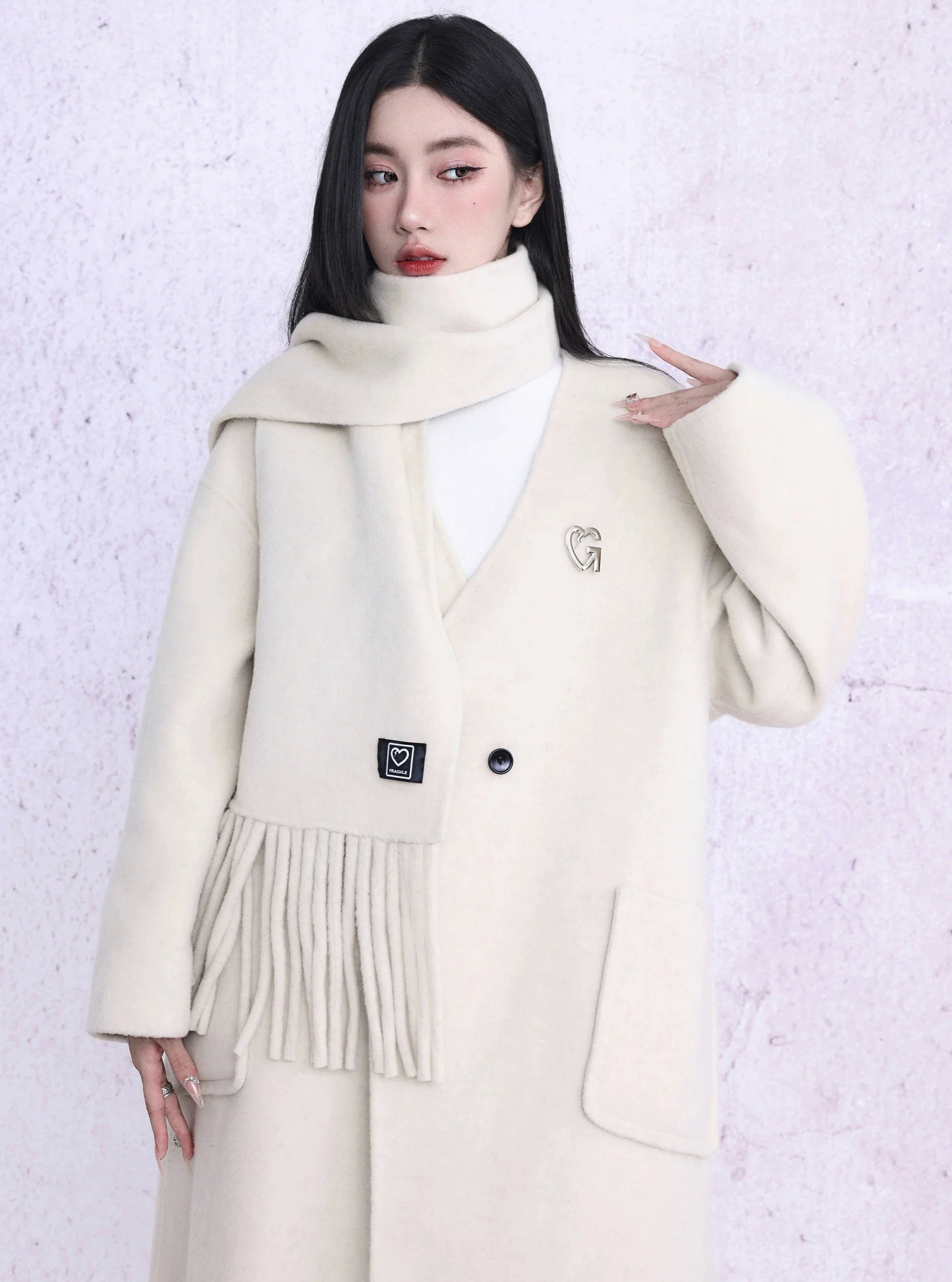 Luxe Double-Breasted Wool Coat Set: Oversized Longline Jacket with Matching Fringed Scarf