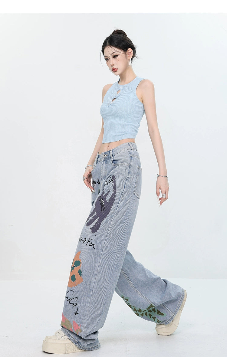 ABWEAR Whimsical Critter Doodle Wide-Leg Jeans