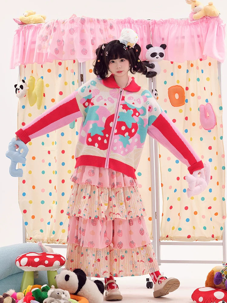 Strawberry Print Zip-Up Jacket with Peter Pan Collar