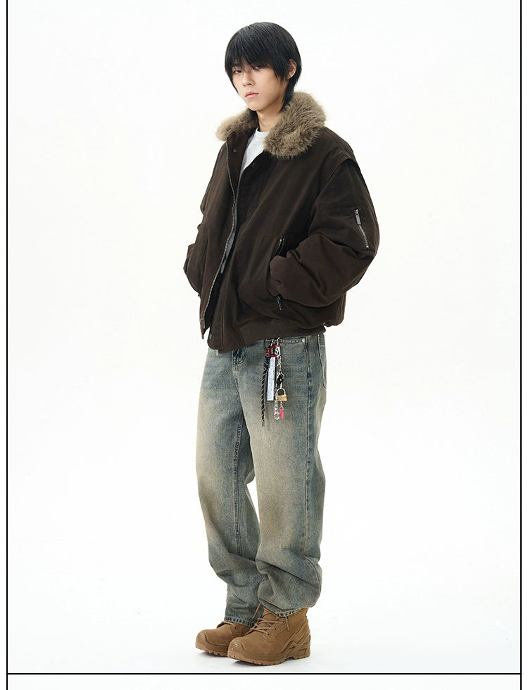 Mocha Faux Fur Collar Aviator Jacket