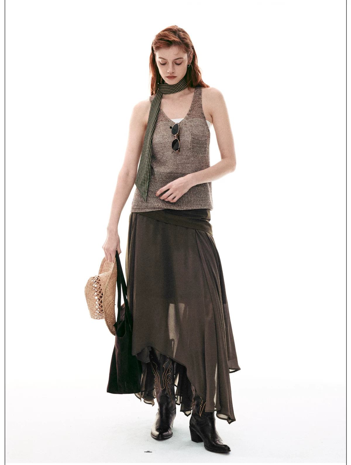Desert Veil Asymmetric Pleated Midi Skirt