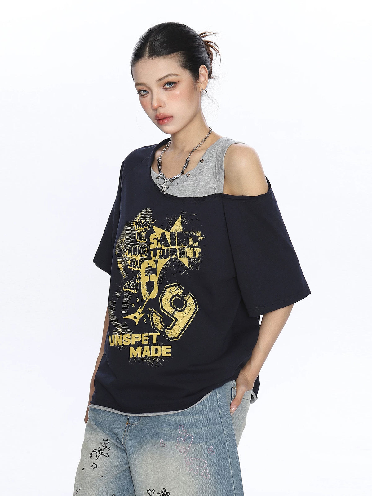 Rebel Static Layered Off-Shoulder Graphic Tee