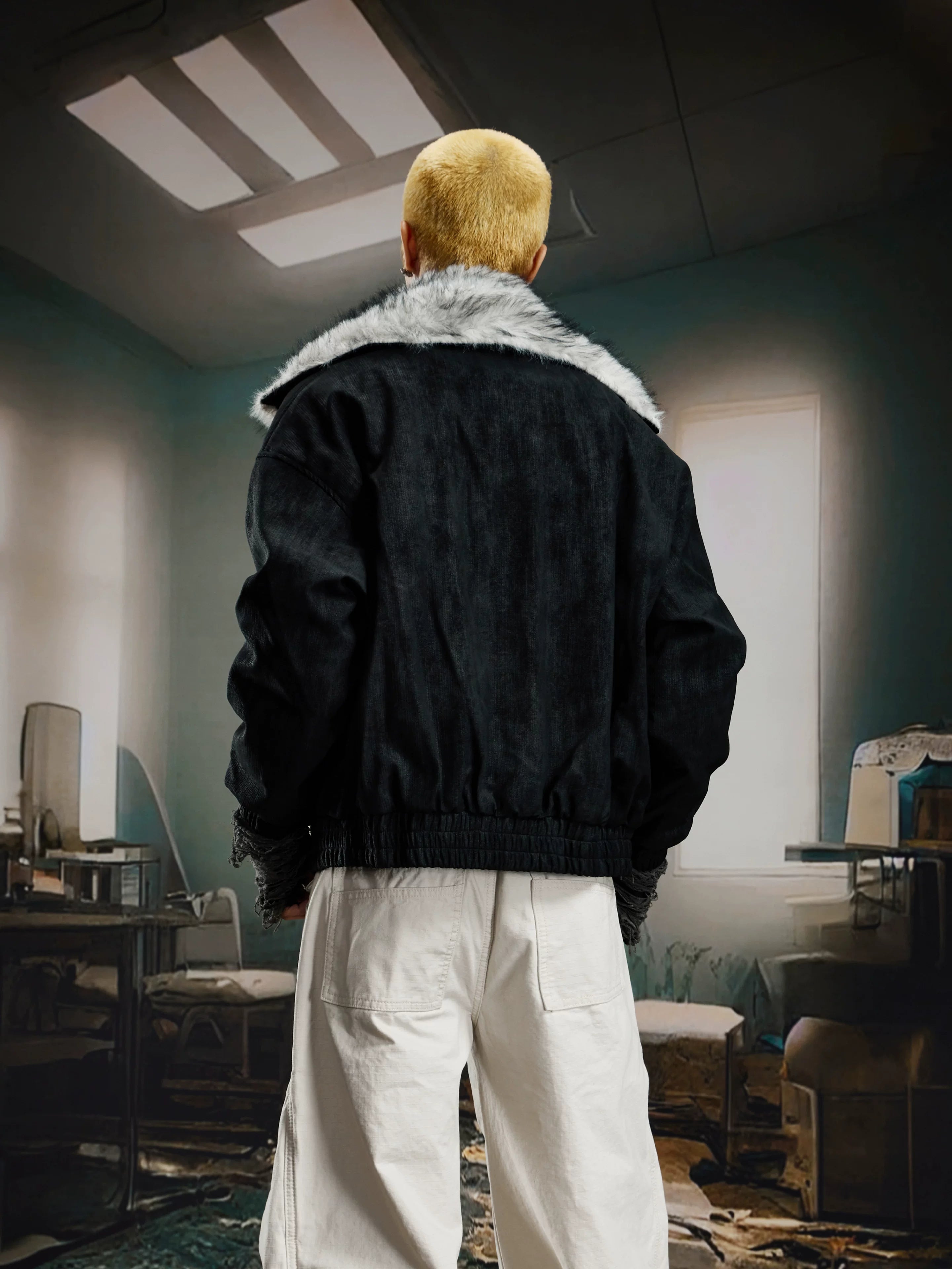 Glacier Veil Wolf‑Trim Bomber Jacket