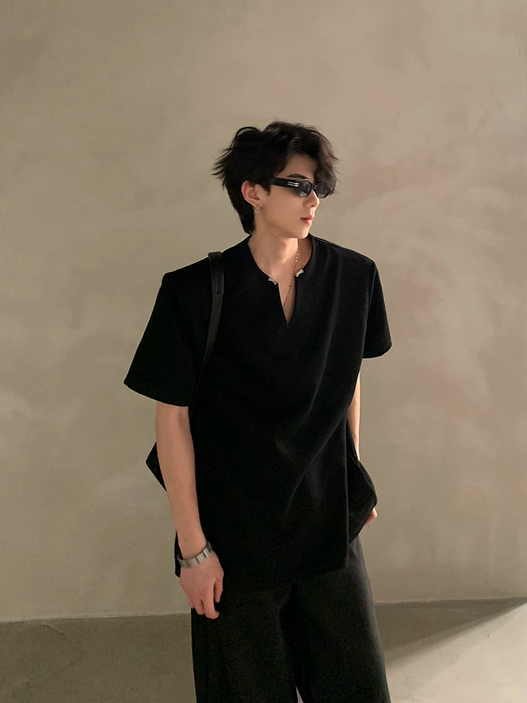 Minimalist Short Sleeve Shirt with V Notch Neckline