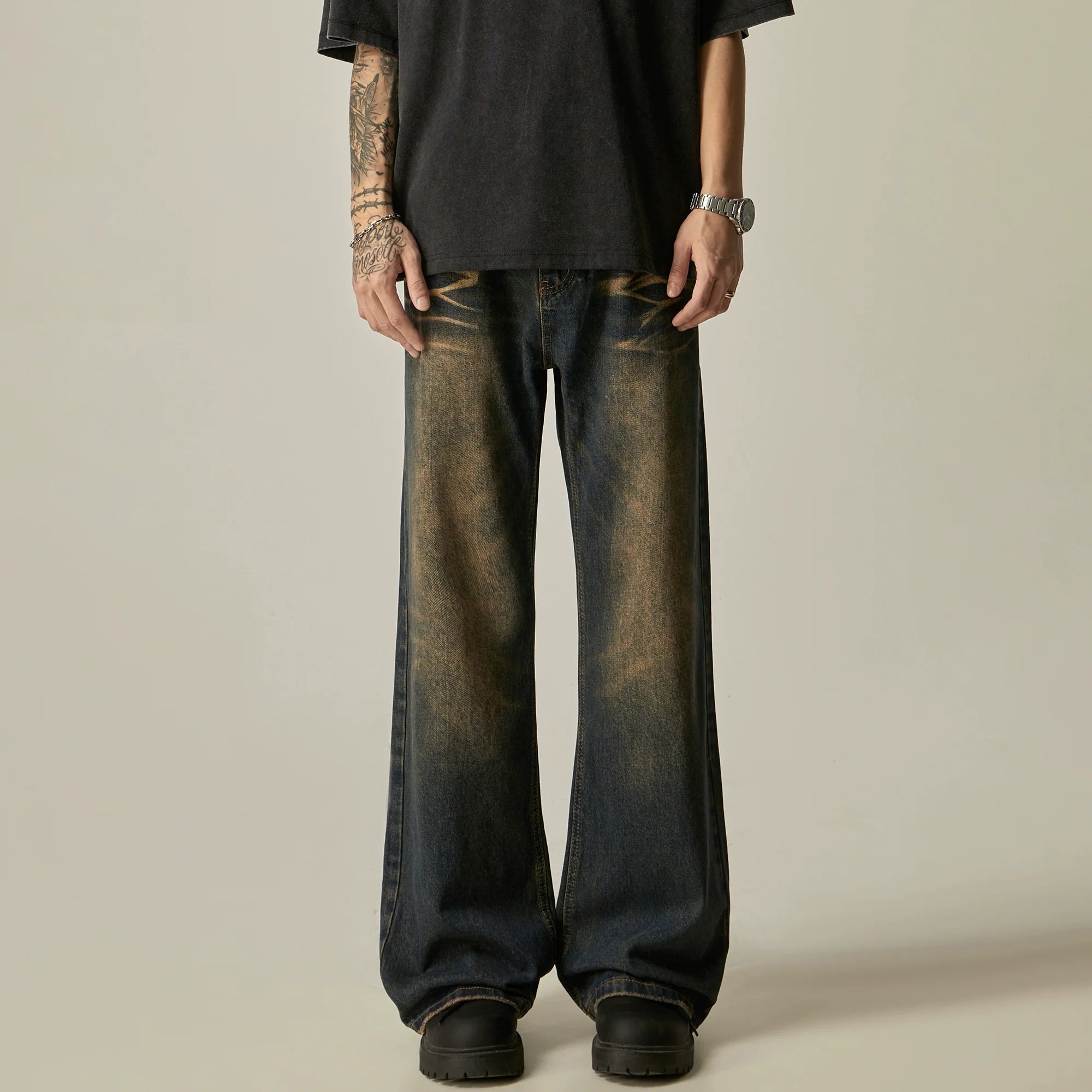 Distressed Wide-Leg Vintage Wash Jeans