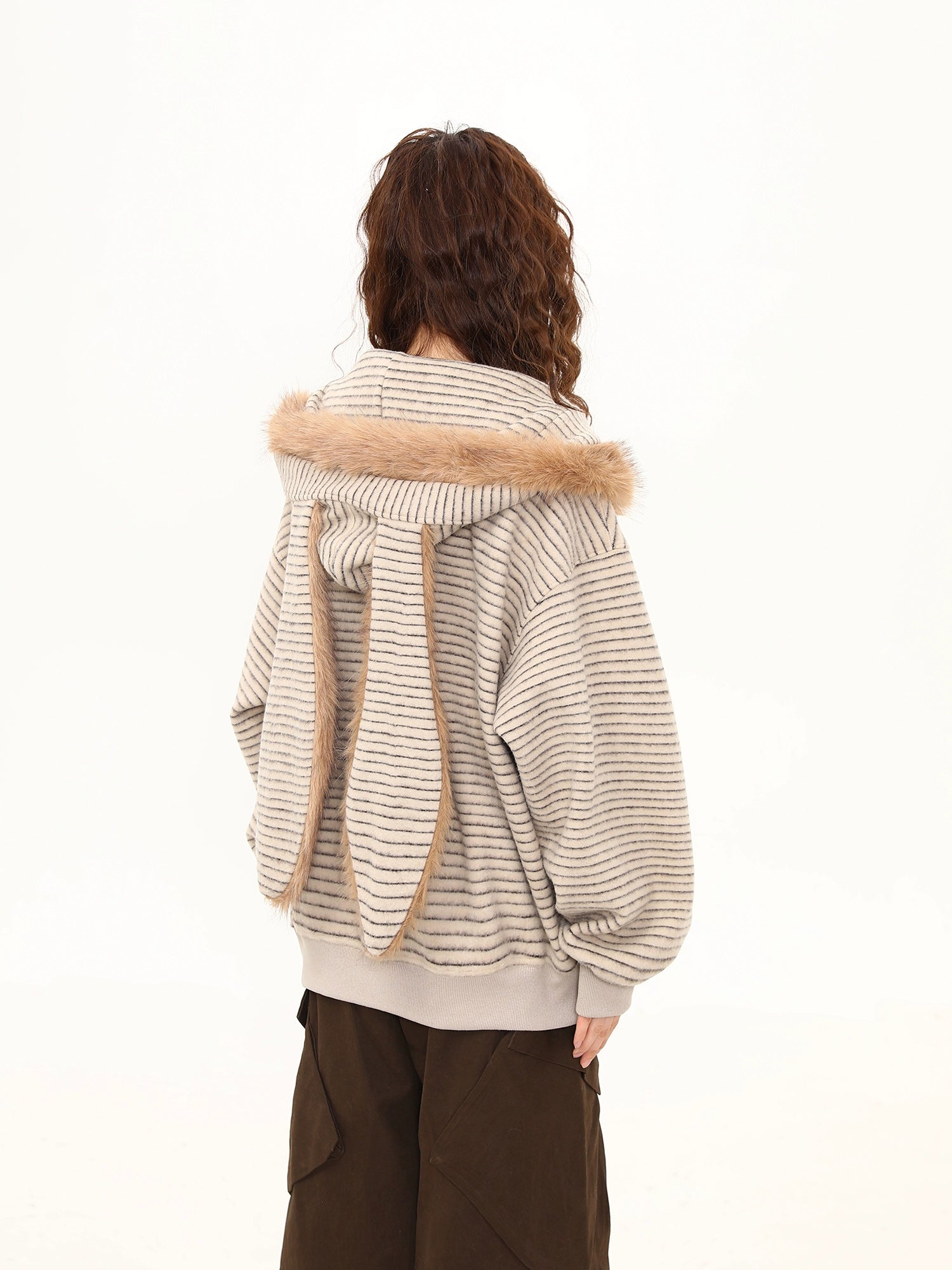 Fluffy Bunny Ear Stripe Hoodie