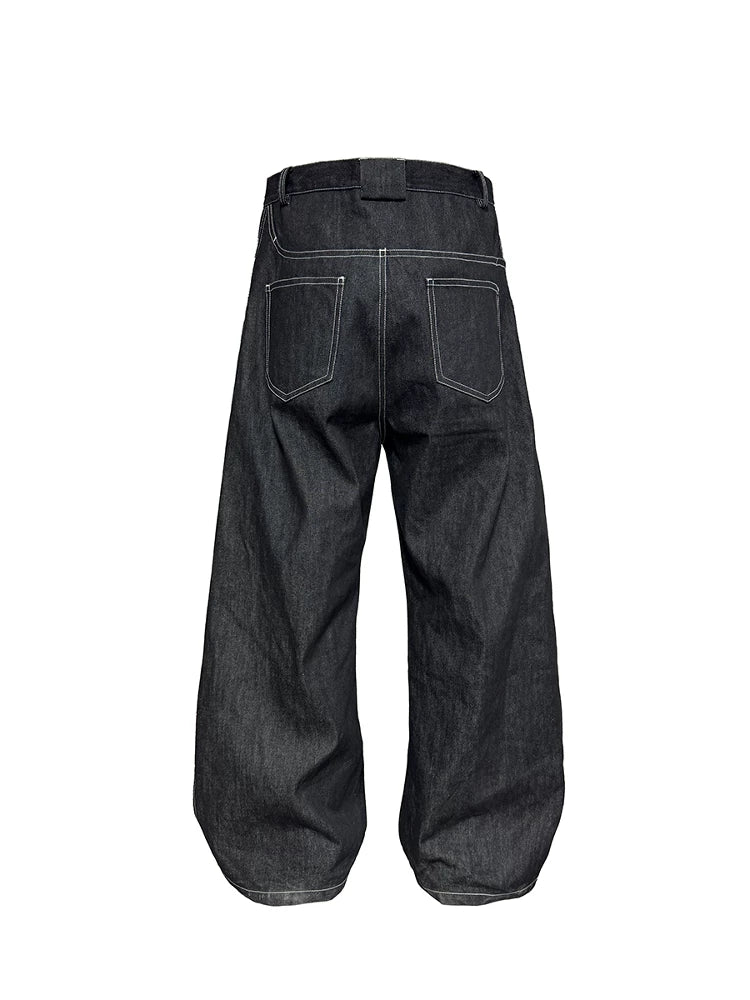 Black Contrast-Stitch Balloon Denim Trousers