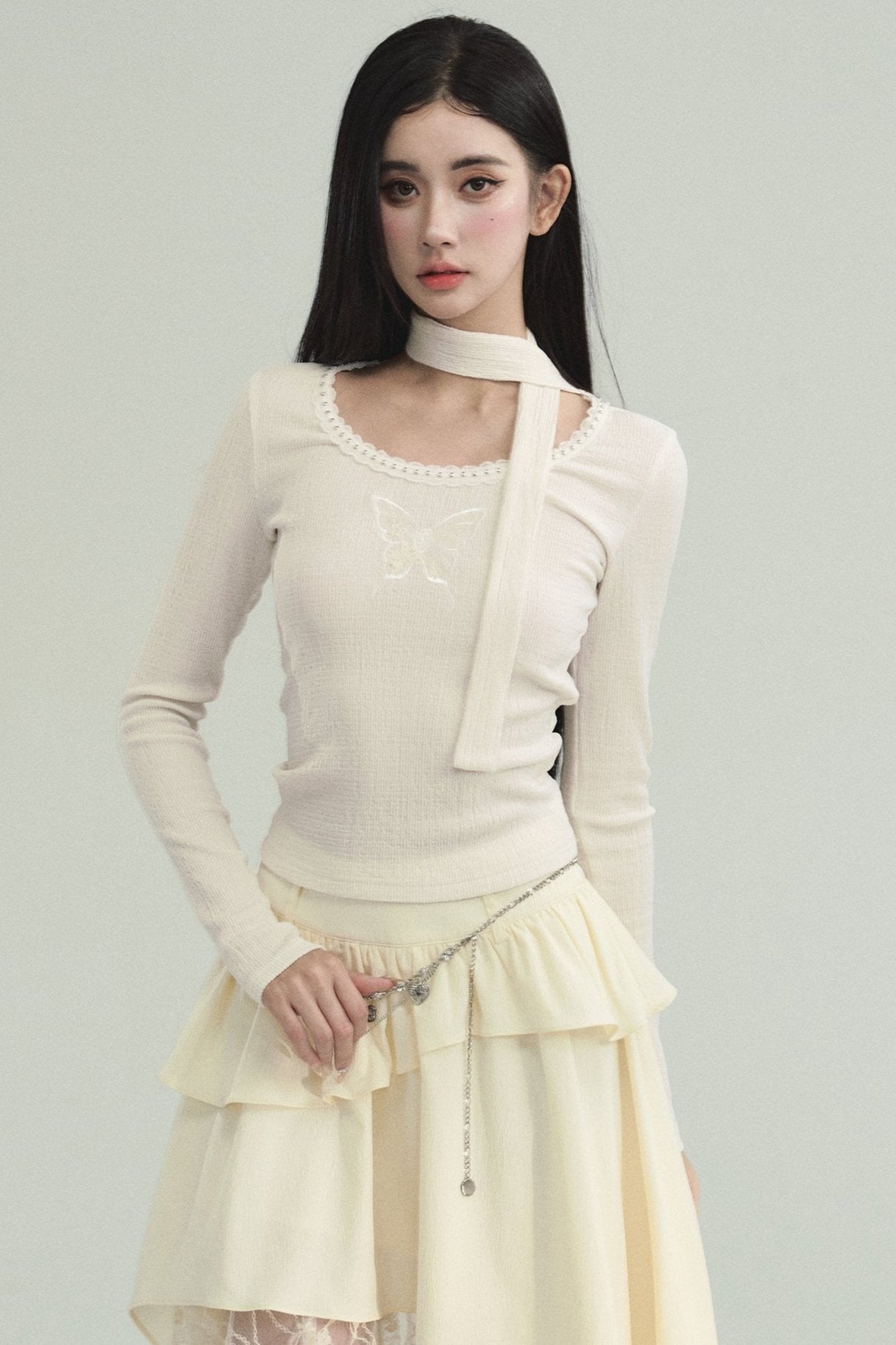 Ethereal Ivory Ensemble: Asymmetric Ruffled Midi Skirt & Choker-Neck Fitted Sweater Set