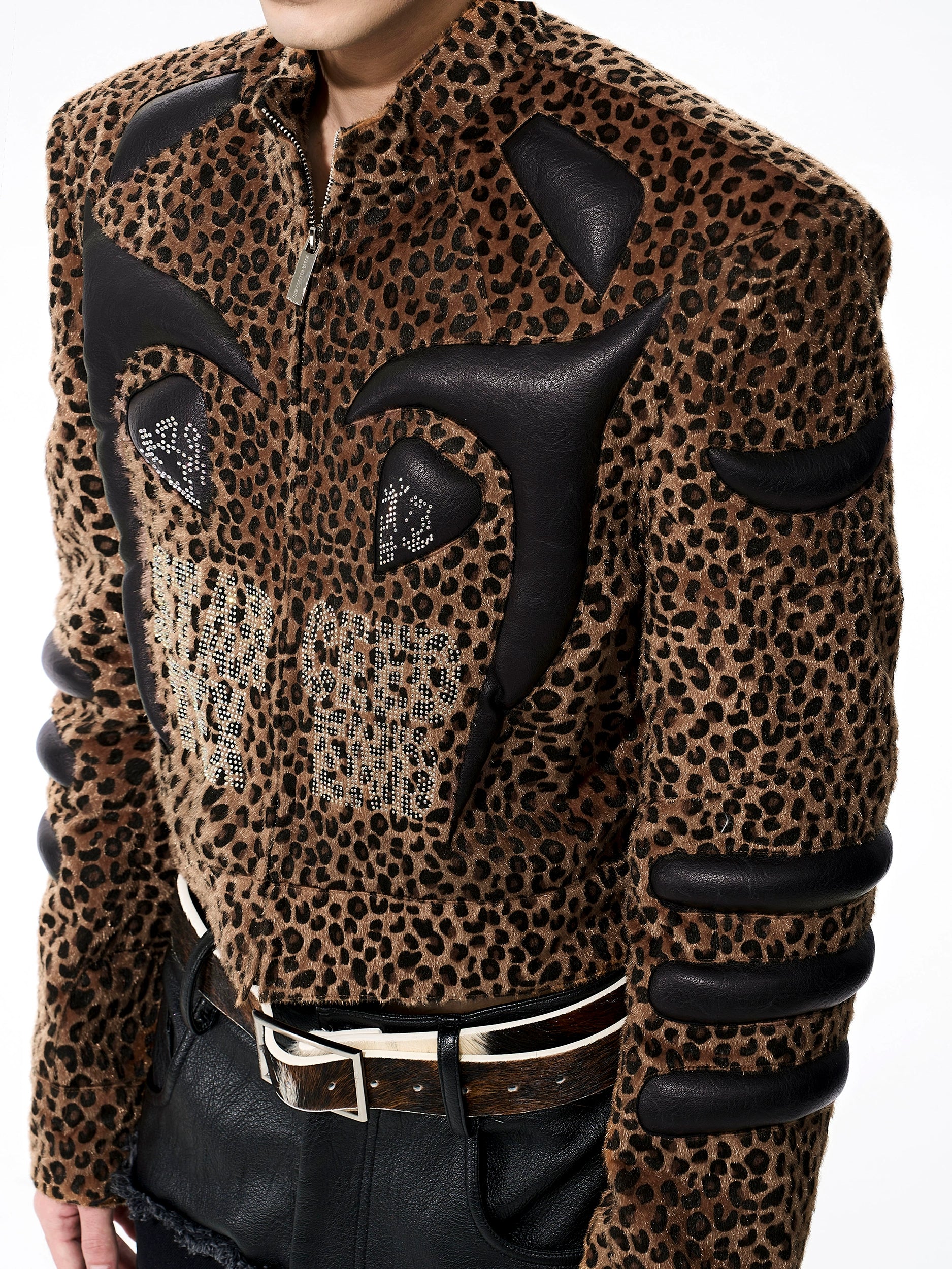 Leopard Print Jacket with Black Faux Leather Appliqué and Studded Detailing