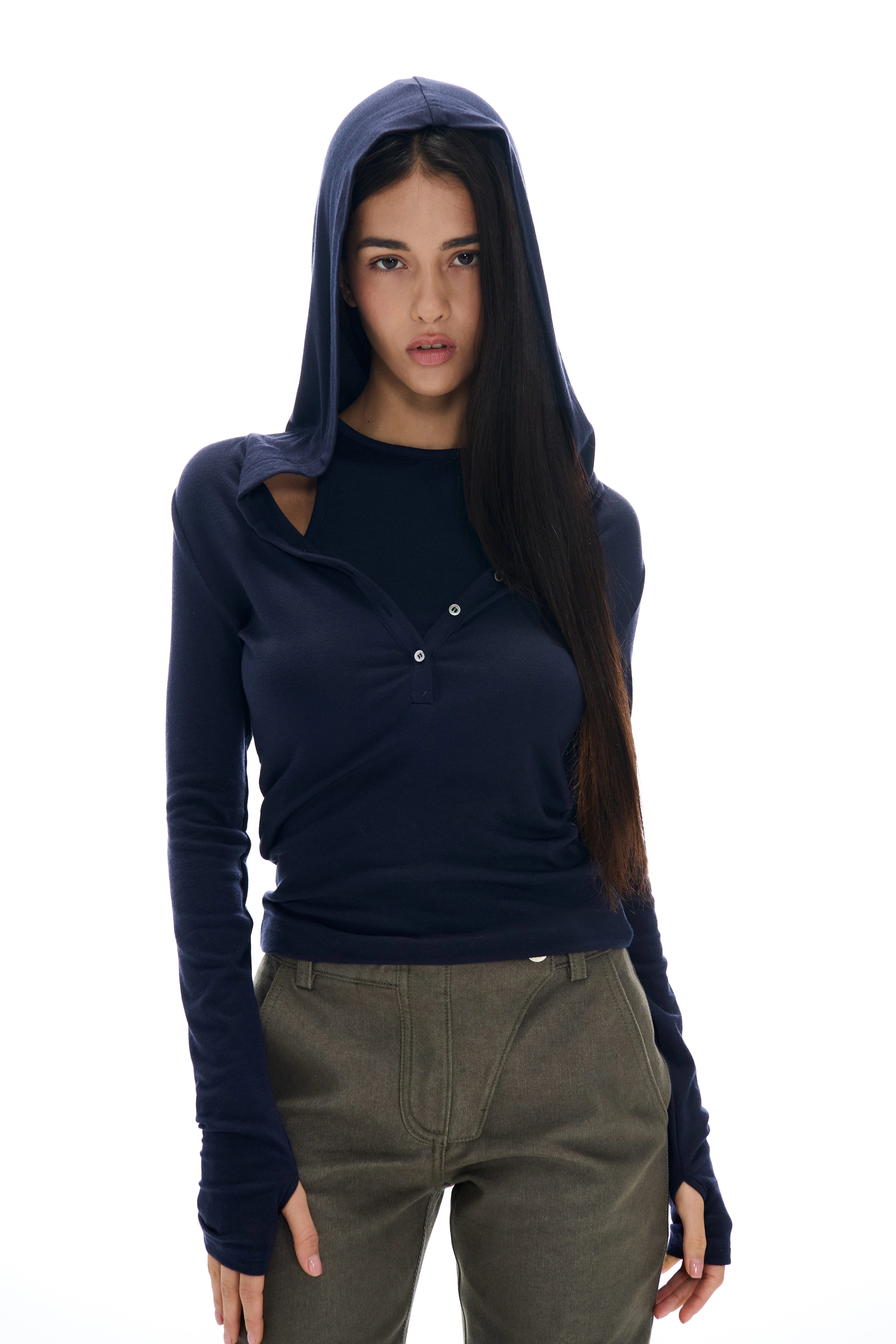 Wool Knit Sweater With Hood Long Sleeve