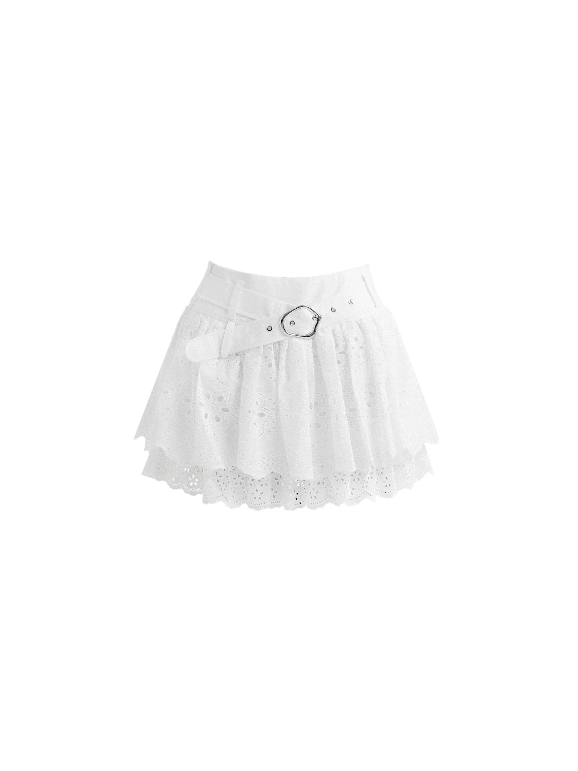 White Lace Collar Blouse and Eyelet Skirt Set