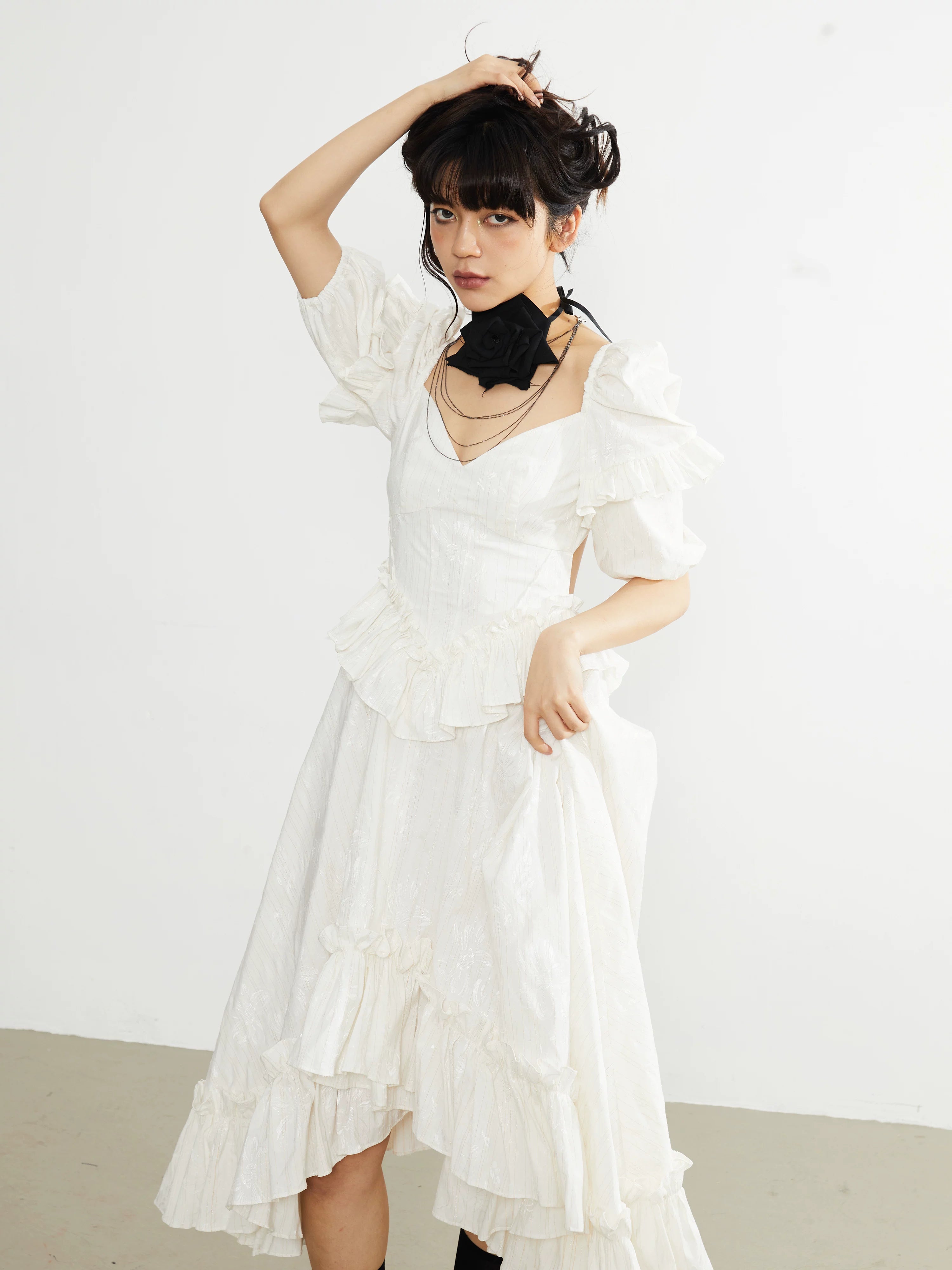 Ivory Ruffle Asymmetry Midi Dress