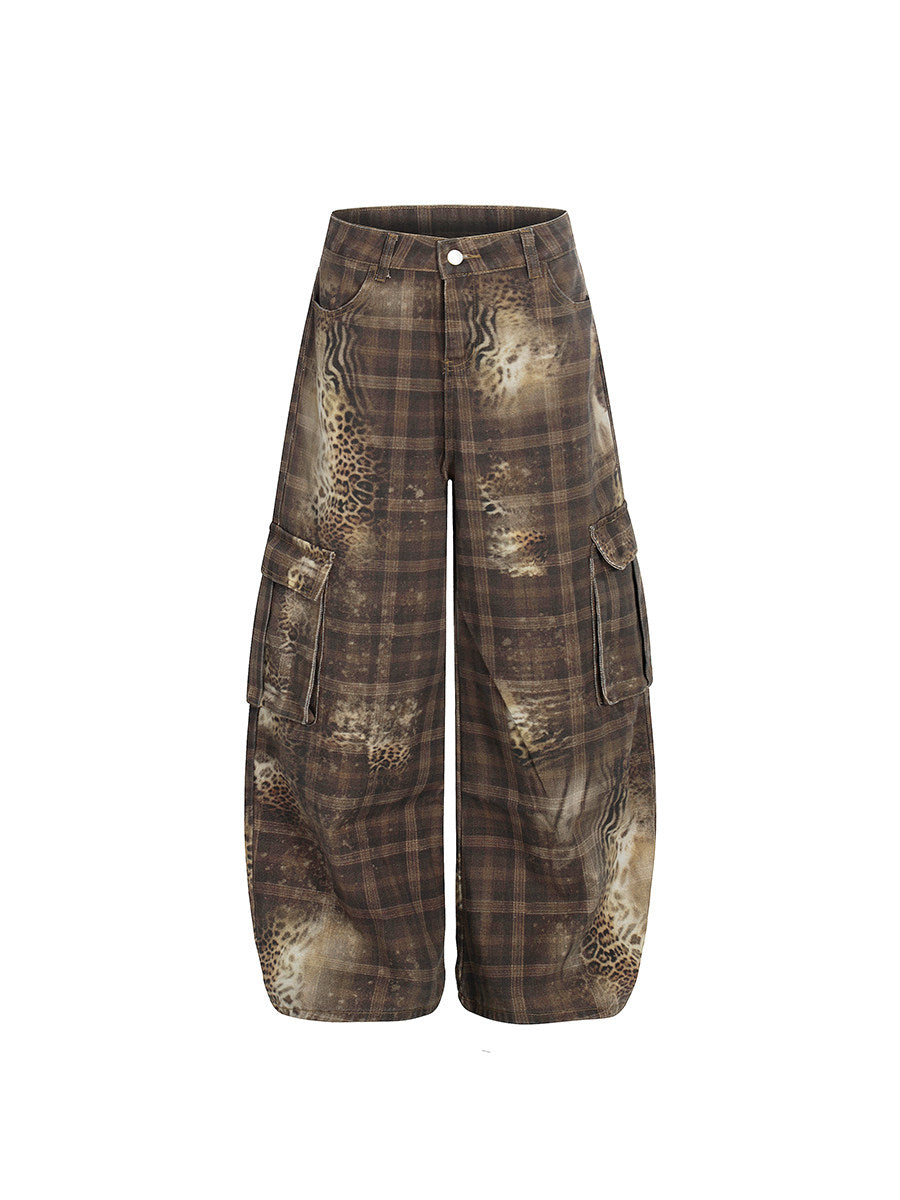 Men's Leopard Plaid Curved-Leg Cargo Pants