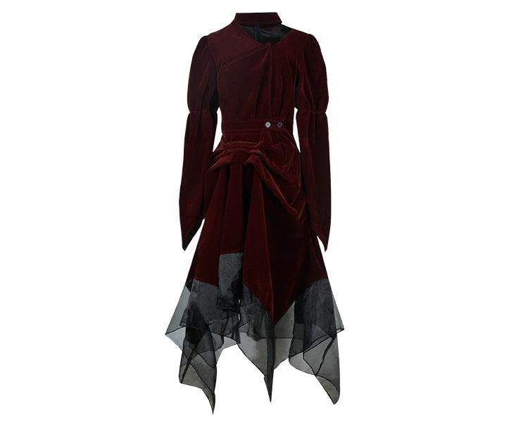 Ladyghost Gothic Victorian Maxi Dress - Women'S Burgundy Velvet And Black Mesh Layered Gown With Corset Belt