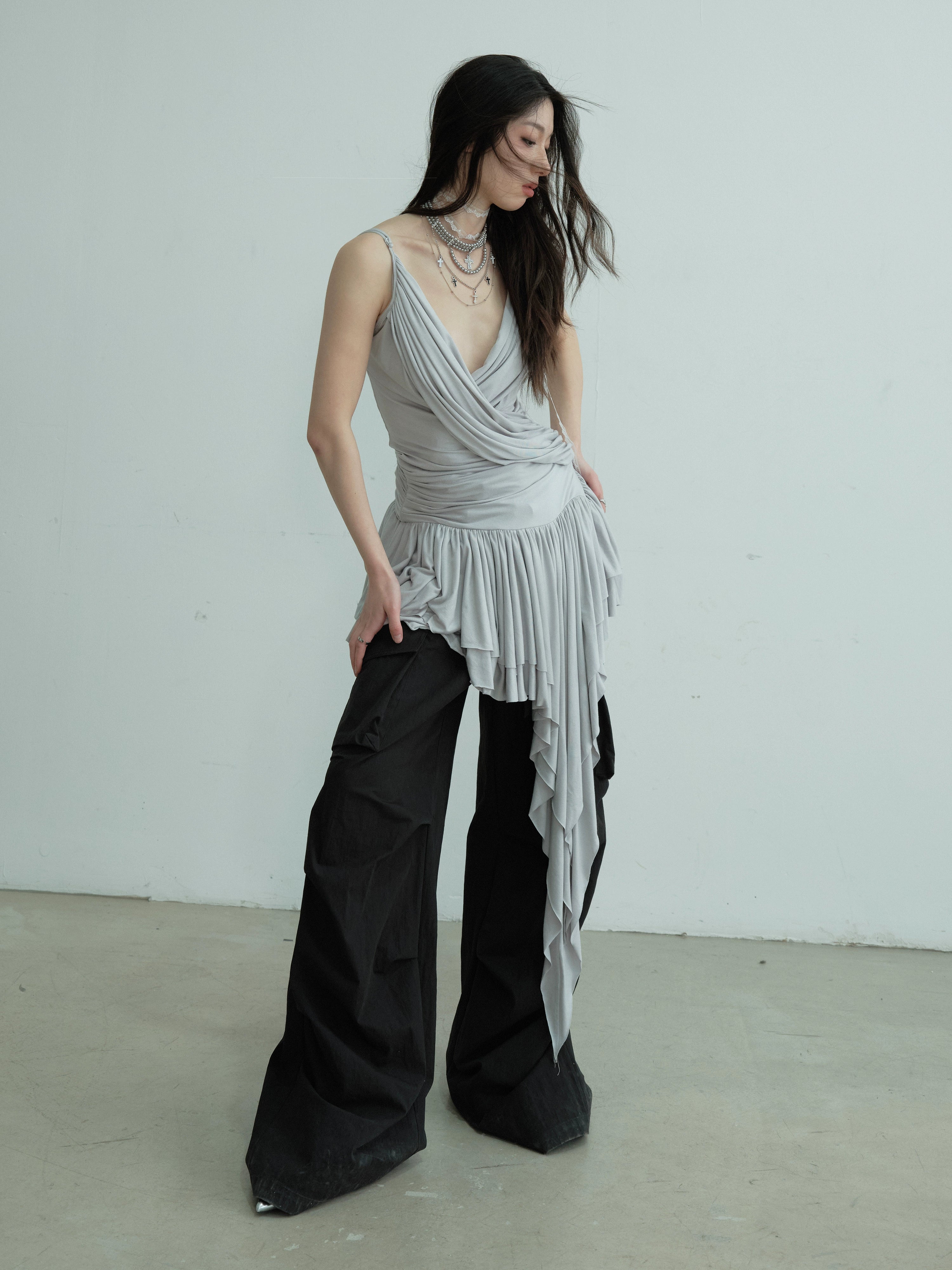 Draped Asymmetric Fringe Metallic Mini Dress