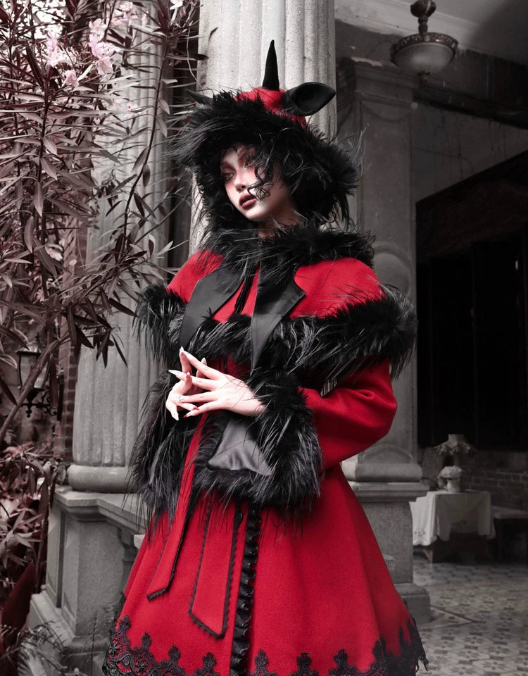 Crimson Faux Fur Trim Gothic Coat Dress