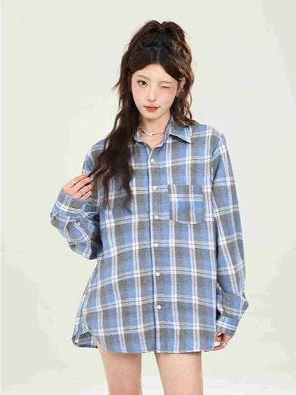 Vintage Loose Blue Plaid Shirt