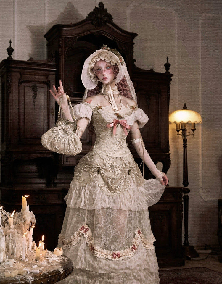 Victorian Ivory Layered Lace Skirt with Pink Bows