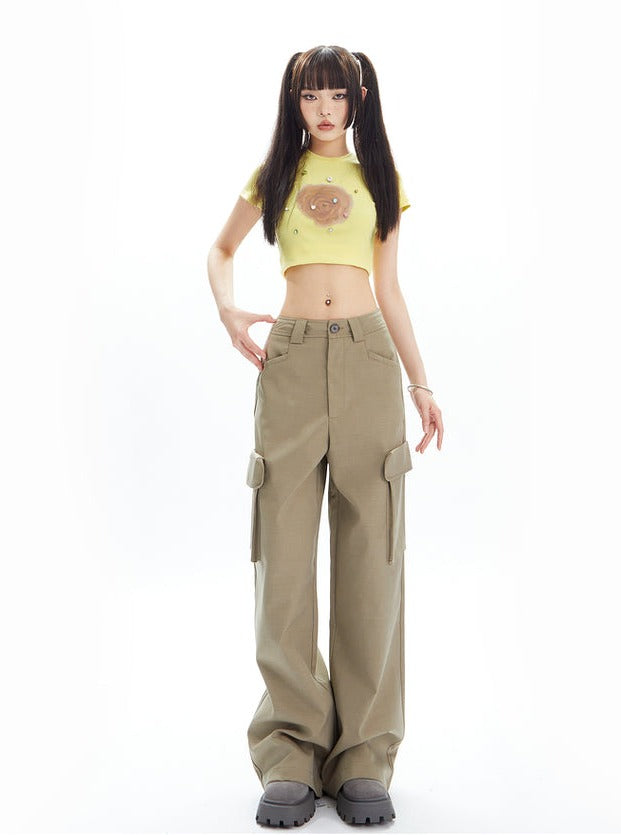 Wide-Leg Cargo Pants in Khaki