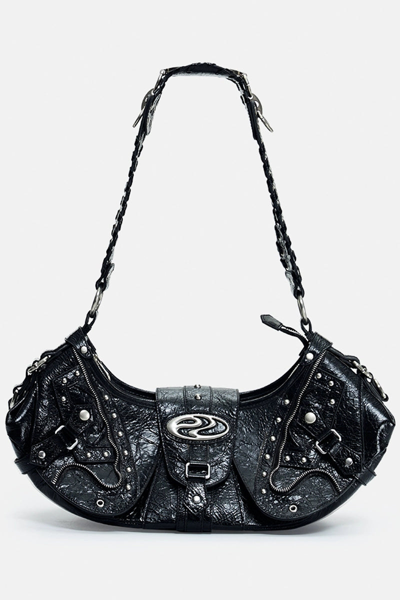 Crackle Chain Studded Hobo Bag