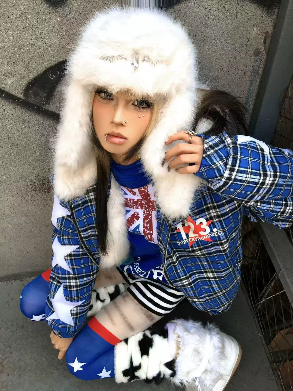 Celestial 08 Blue Plaid Star Puffer Jacket by DETW | Chiclara