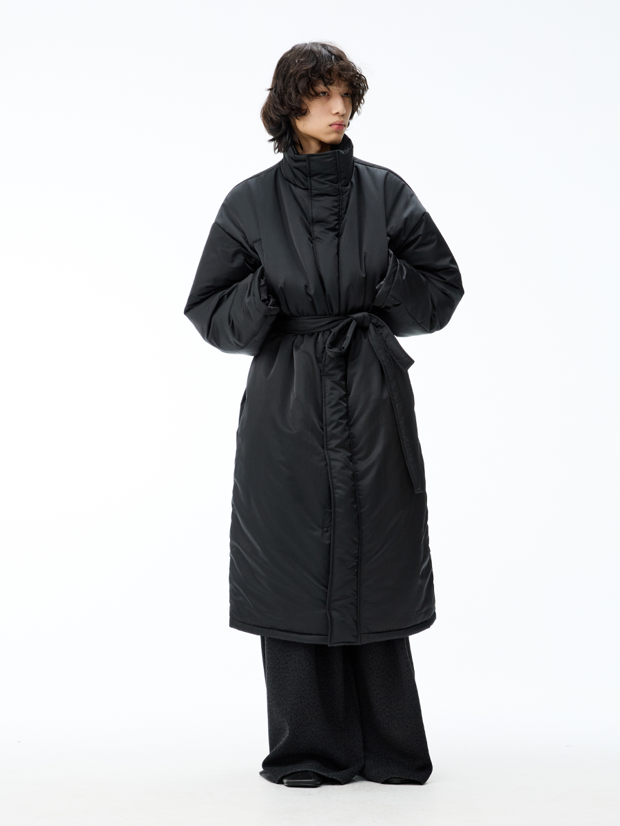 High Stand Collar Belted Long Puffer Coat