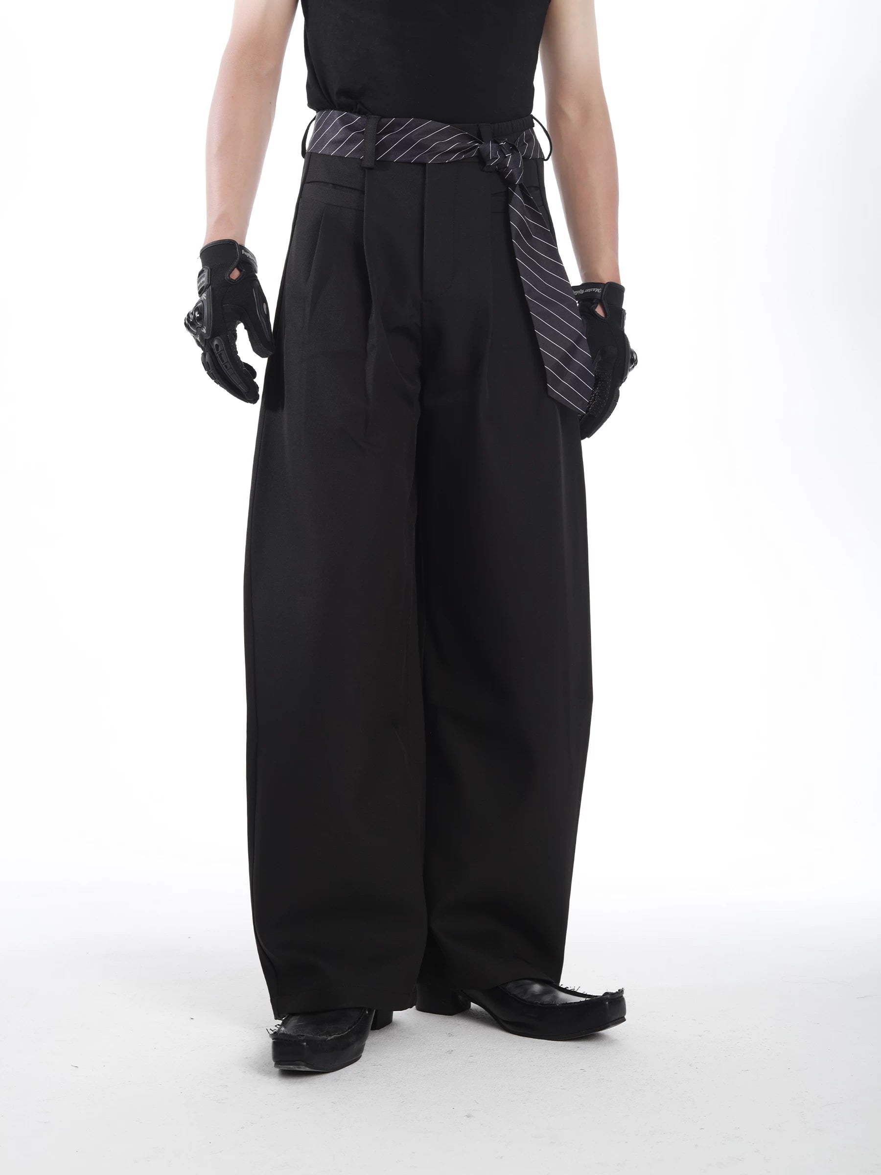 Pinstripe Belt Wide-Leg Trousers