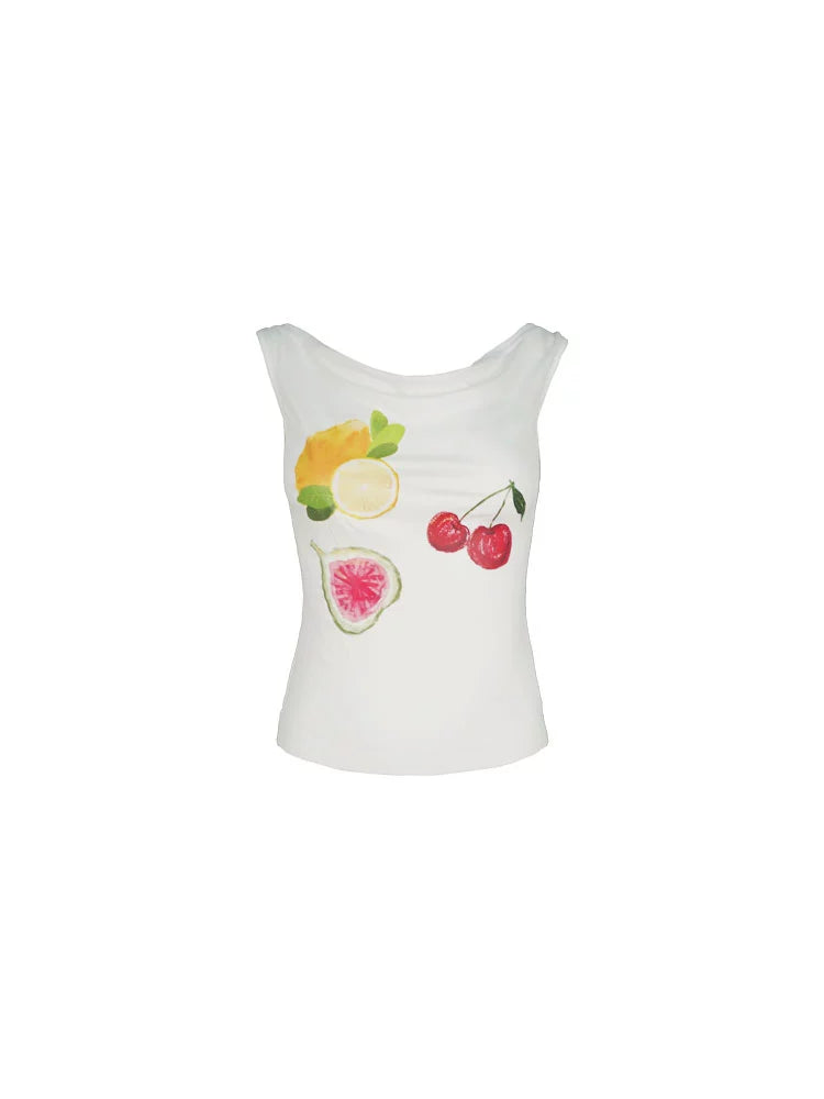White Fruit Print Tank Top