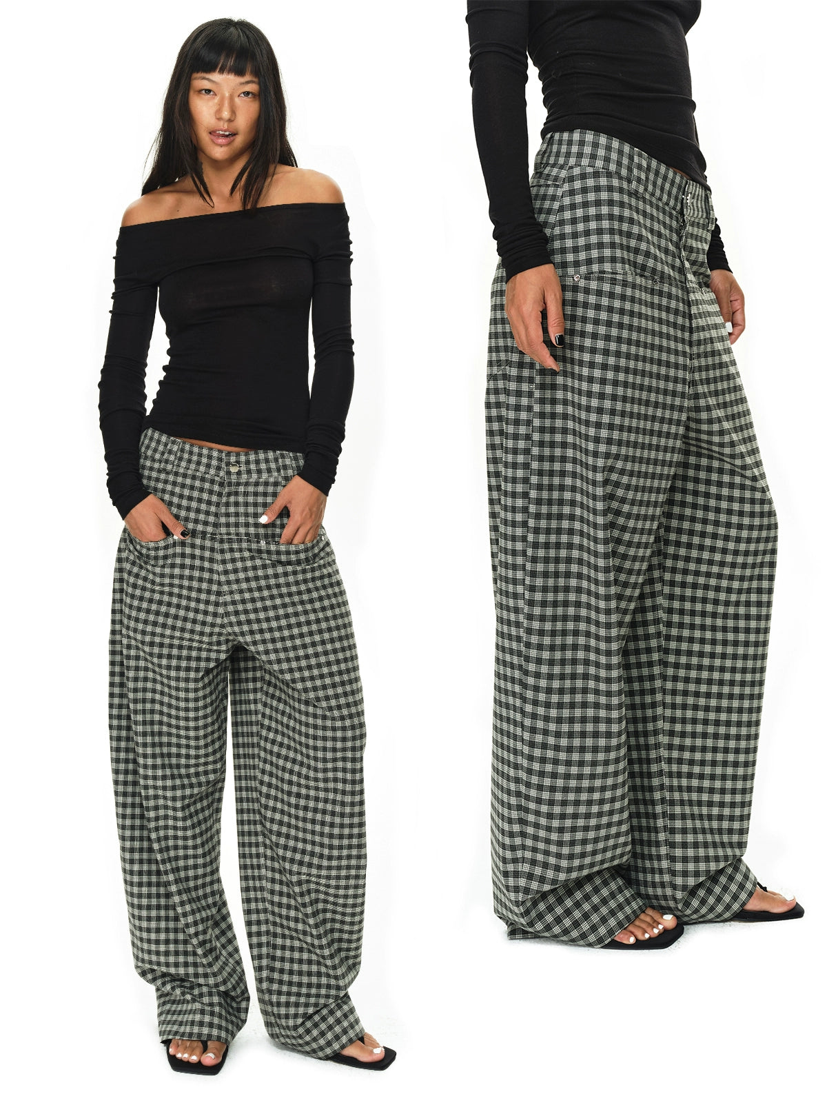 Grey and Black Checkered Loose Casual Pants