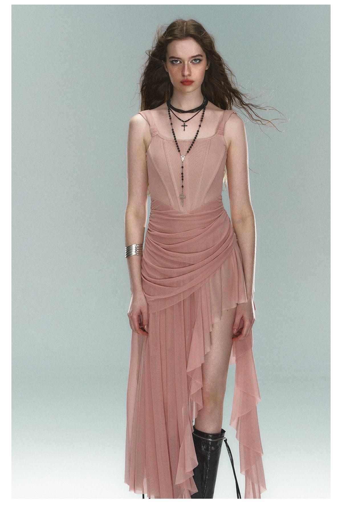 Strike A Pose Asymmetrical Ruched Evening Gown - Women'S Sleeveless Square Neck Dress With Dramatic Cascading Ruffles