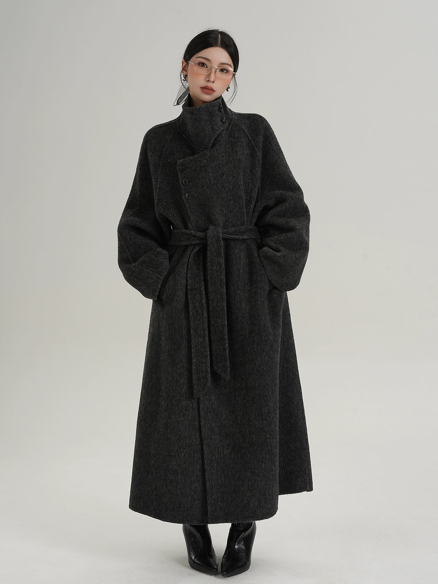 Obsidian Ascent Funnel-Belt Wool Coat