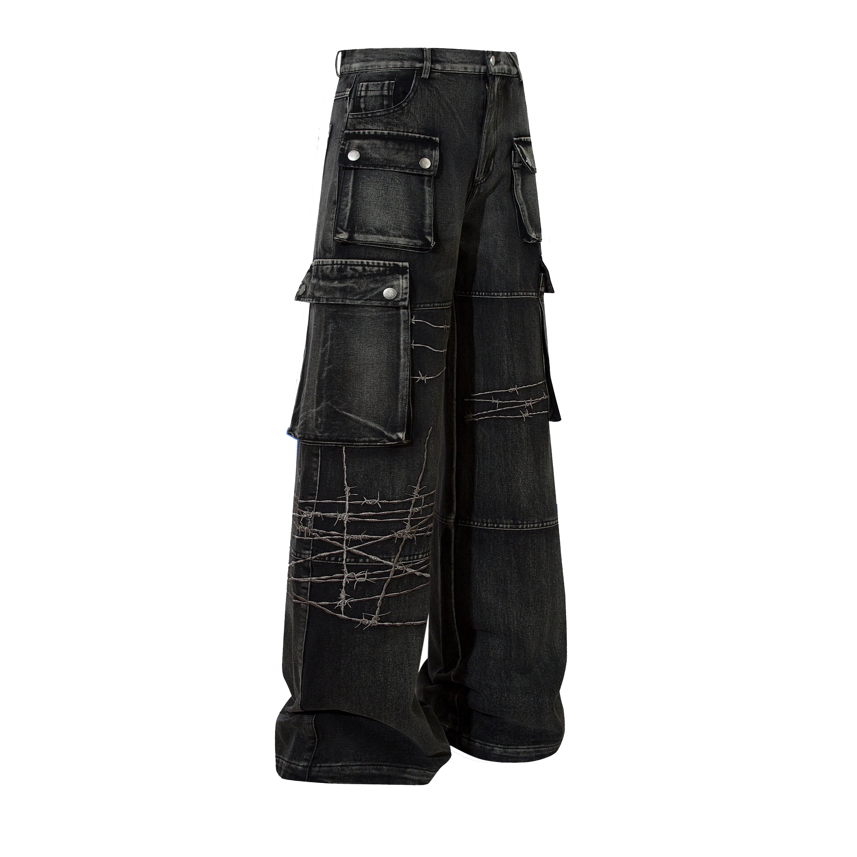 Men's Embroidered Multi-Pocket Washed Wide-Leg Jeans