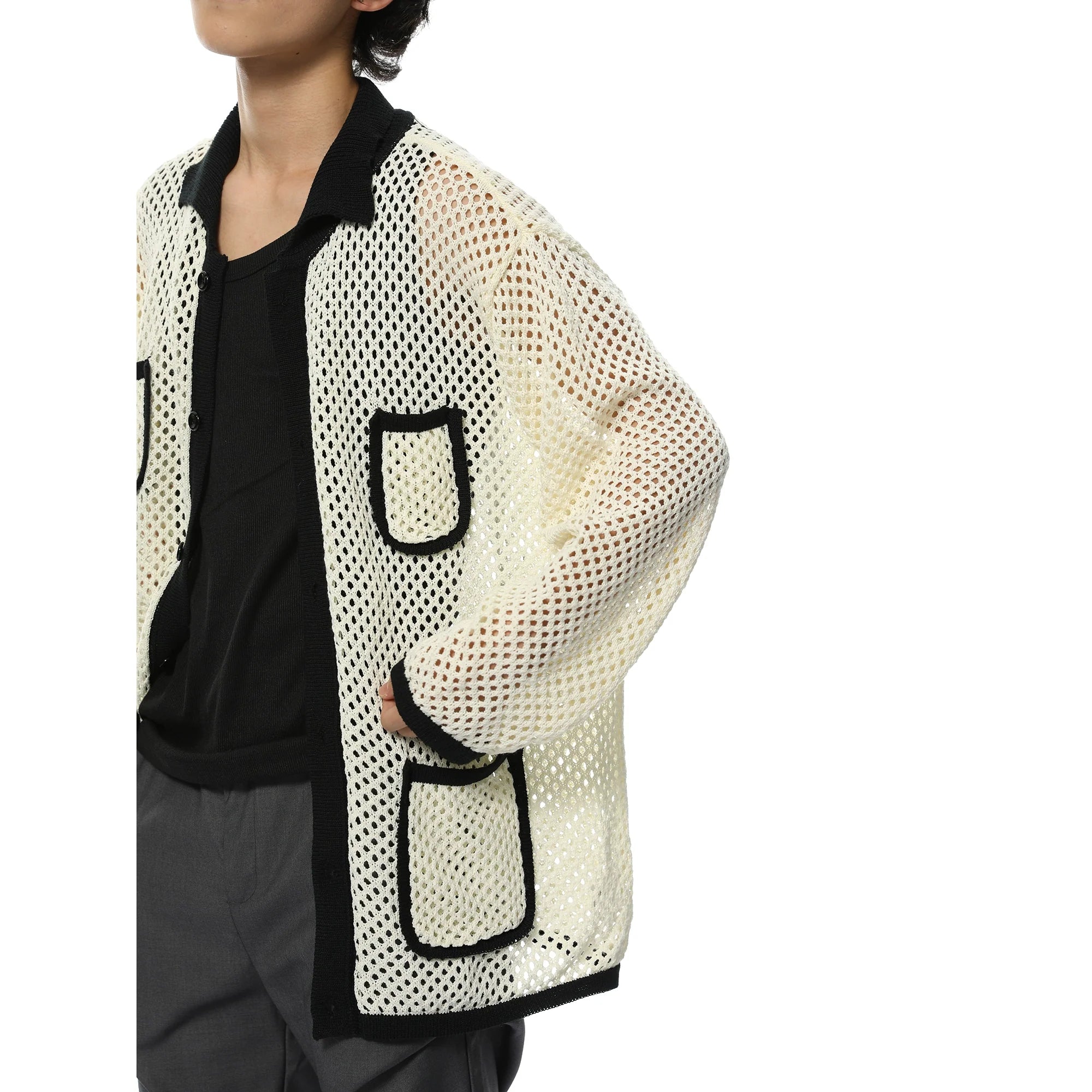 Oversized Mesh Cardigan with Contrast Pockets