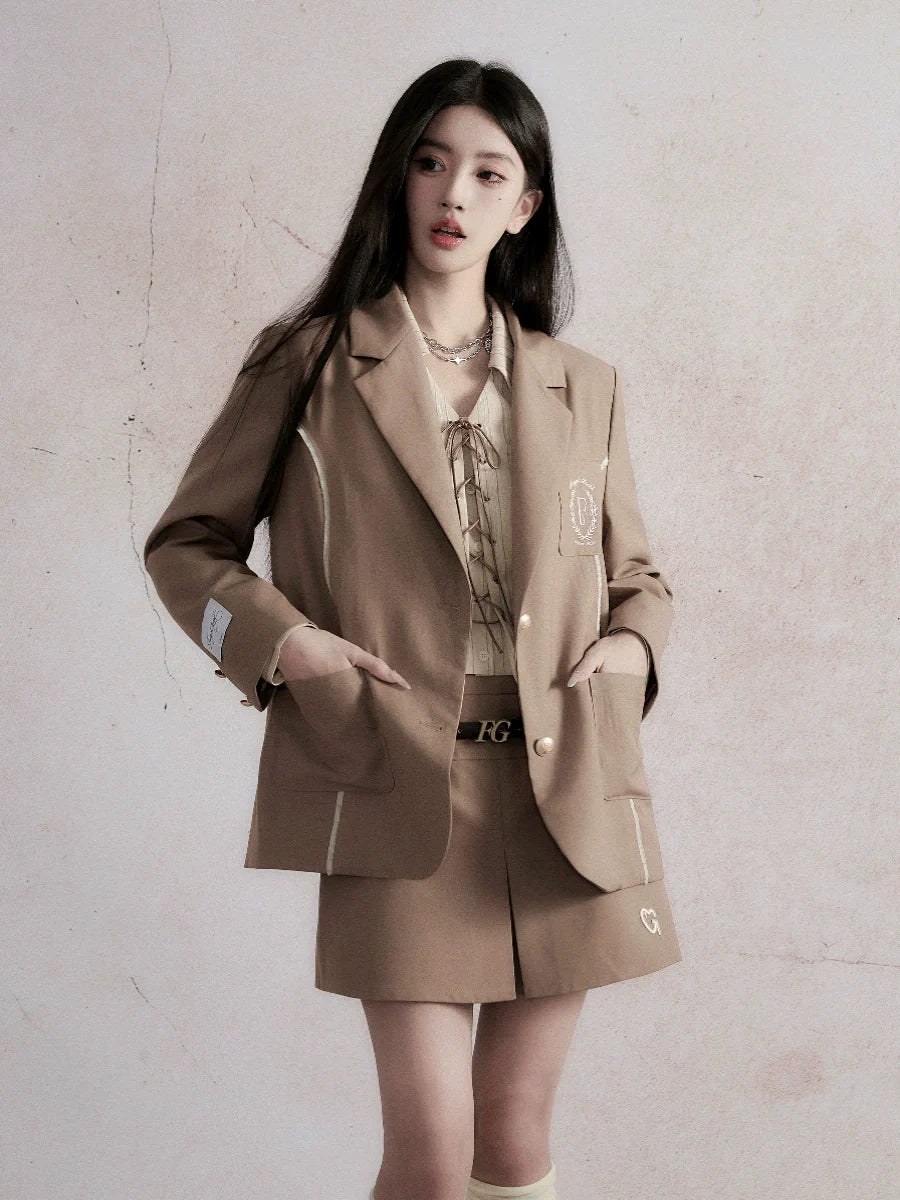 Fragile Heart Preppy Chic Ensemble: Olive Mini Skort, Cream Lace-Up Blouse, and Tailored Khaki Blazer Set