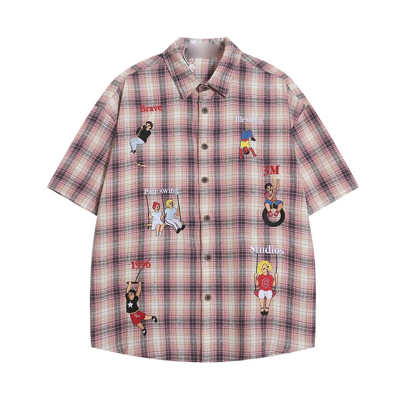 Playful Cartoon Oversized Plaid Button-Up Shirt