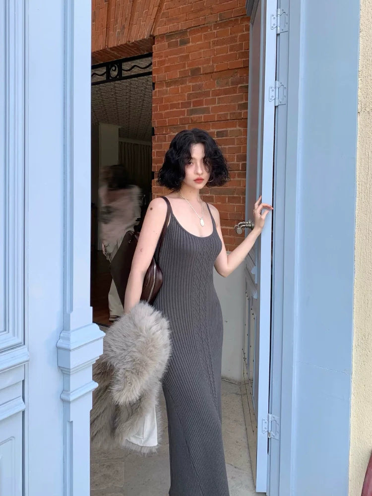 Slim Ribbed Knit Suspender Maxi Dress