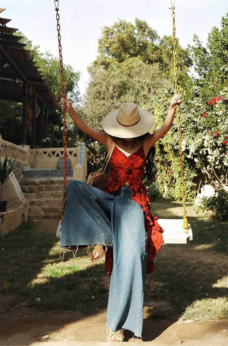 Vintage Distressed Edge Wide Leg Denim Jeans