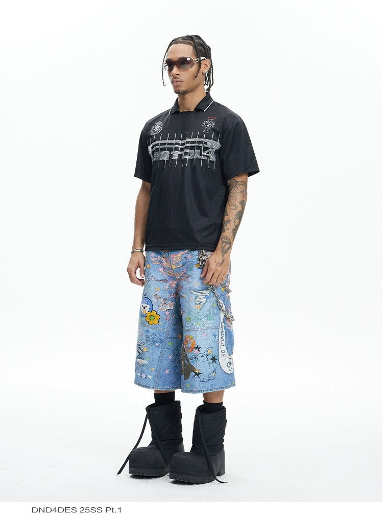 Graffiti Patchwork Denim Bermuda Shorts