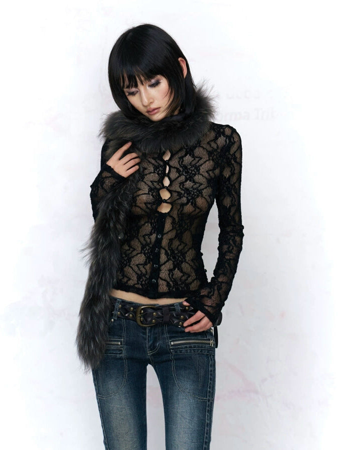 Midnight Veil Sheer Lace Button Top