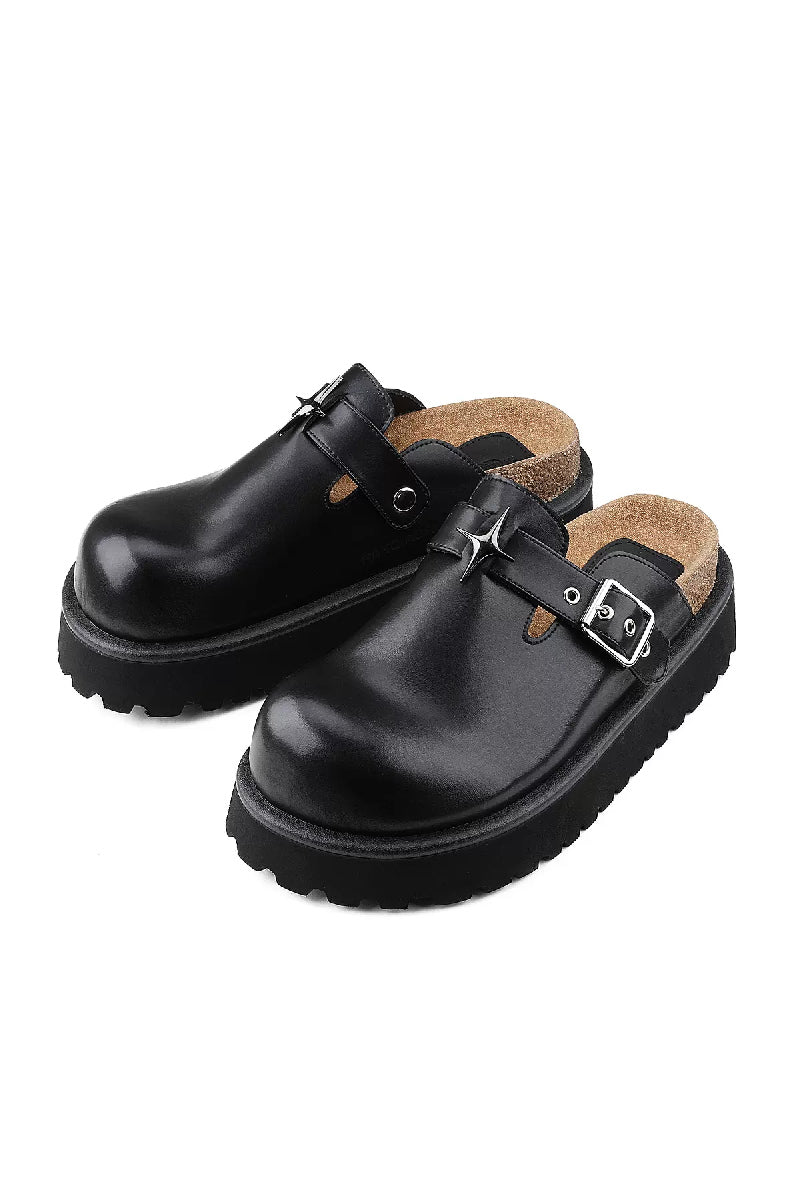 Black Leather Platform Clogs with Buckle Detail